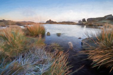 Rural landscape. Fine art digital oil painting of sunrise at Doxey Pool on The Roaches, in the Staffordshire Peak District National Park. clipart