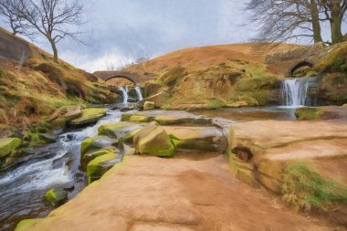 Güzel sanat afişi. Three Shire Heads 'in dijital yağlı boya tablosu. Peak District Ulusal Parkı 'nda taş yük beygiri köprüsü.
