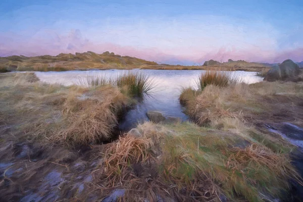 Krajobraz Wiejski Sztuka Grzywny Cyfrowy Obraz Olejny Wschodzie Słońca Doxey — Zdjęcie stockowe