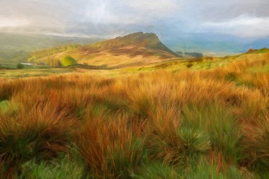 İngiliz kırsal kesiminin dijital yağlı boya tablosu. İngiltere 'nin Peak District Ulusal Parkı' nda güneş doğarken Hen Cloud. Mayıs 2022.