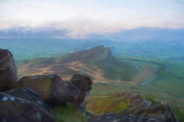İngiliz kırsal kesiminin dijital yağlı boya tablosu. İngiltere 'nin Peak District Ulusal Parkı' nda güneş doğarken Hen Cloud. Mayıs 2022.