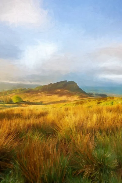 農村英国のムーアランドの風景のデジタル油絵 英国のピーク地区国立公園の日の出に編雲 2022年5月 — ストック写真