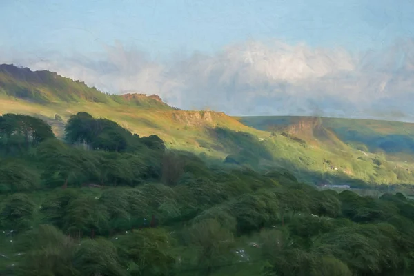 Digital rural landscape oil painting of The Roaches and Hen Cloud from Hanging Stone, Staffordshire in the Peak District National Park, UK.