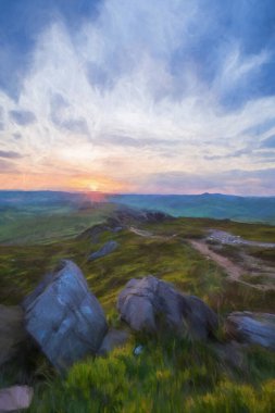 İngiltere 'nin Peak District Ulusal Parkı' ndaki Staffordshire 'da kırsal bir manzaranın dijital yağlı boya tablosu..