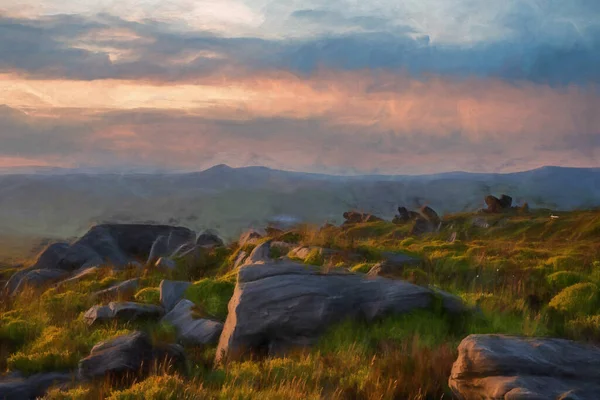 İngiltere 'nin Peak District Ulusal Parkı' ndaki Staffordshire 'da kırsal bir manzaranın dijital yağlı boya tablosu..