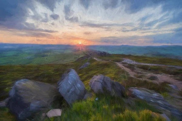 Digitales Ölgemälde Einer Ländlichen Landschaft Sonnenuntergang Bei Den Kakerlaken Staffordshire — Stockfoto
