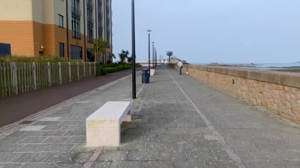 Helier Jersey June 2022 Man Walking Dog Seafront Elizabeth Marina — Vídeo de stock