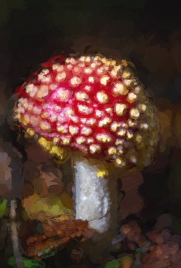 Uçan Agarik mantarın sonbahar ormanlarındaki dijital yağlı boya tablosu..