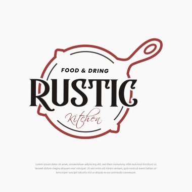 Vintage Retro Rustic, yemek yemekleri için dökme demir tava, klasik restoran mutfağı, geleneksel yemek, restoran yemeği, logo vektör çizimi