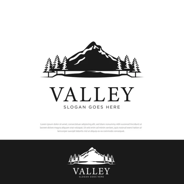 Logo Illustrazione Vettoriale Con Scenario Naturale Del Lago Montagna Montagna — Vettoriale Stock