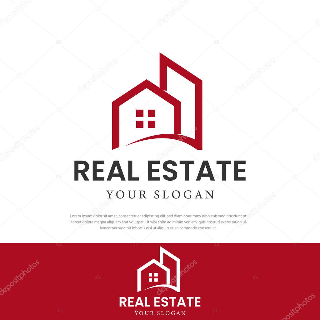 Simple red line style minimalist property logo. icon, symbol, real estate, icon, symbol, housing, apartment and urban landscape