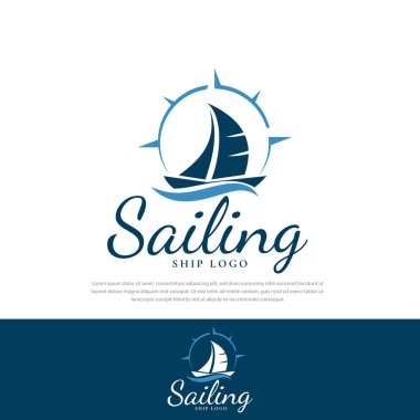 Pusula hattı yelkenli gemi logosu çizimi. Sembol, simge şablon tasarımı, vektör iş logosu