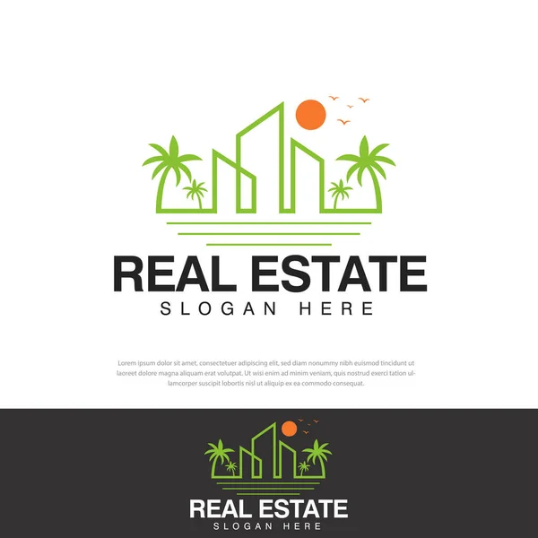 Real Estate Vector Logo Design House Outline Sun Coconut Tree — Wektor stockowy
