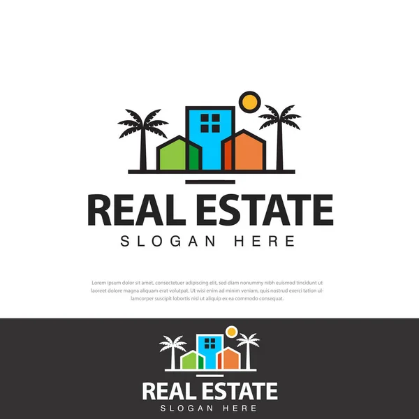 Colorful Real Estate Vector Logo Design House Outline Sun Coconut — Stock Vector