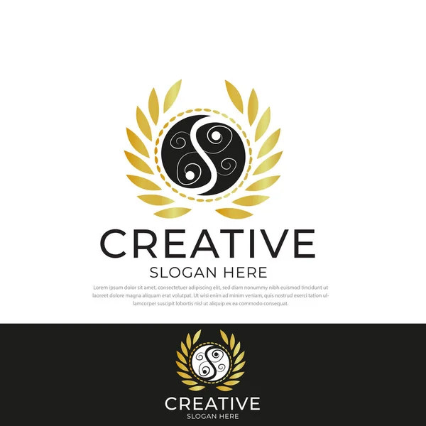 Icona Logo Yin Yang Design Disegno Floreale Oro Nero Modello — Vettoriale Stock