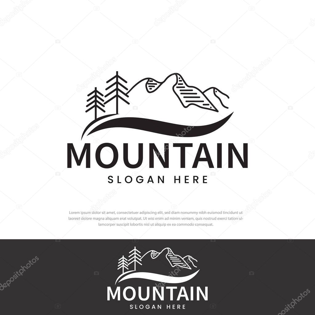 Minimalist landscape tree hills logo. Simple logo design vector symbol, icon illustration