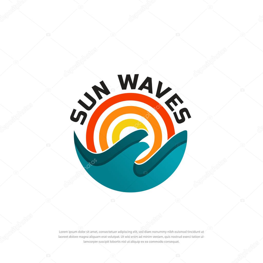 Ocean waves and sun abstract logo logo template negative space ocean logo