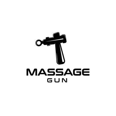 Masaj tabancası logosu sembolü, vücut bakım şablonu ikonu, sporcular için Fascia Masaj Vücut. Kas ağrısını ve gerginliği azaltmaya yardımcı olur.