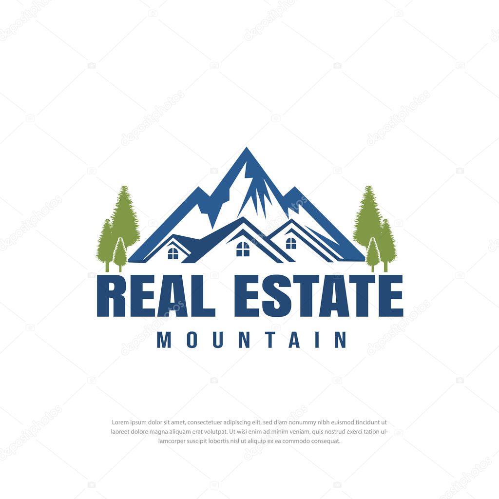 Real estate, home, house logo template with mountain background.