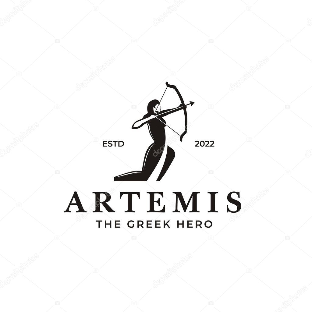 Greek goddess Artemis with bow and arrow logo.