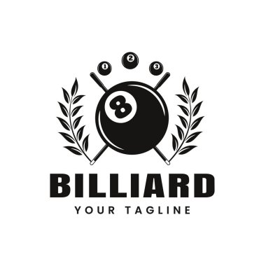 Bilardo tasarım logosu 8 numaralı siyah top, bilardo odası, üçgen ya da bilardo kulübü, bilardo topu, ikon, sembol, şablon