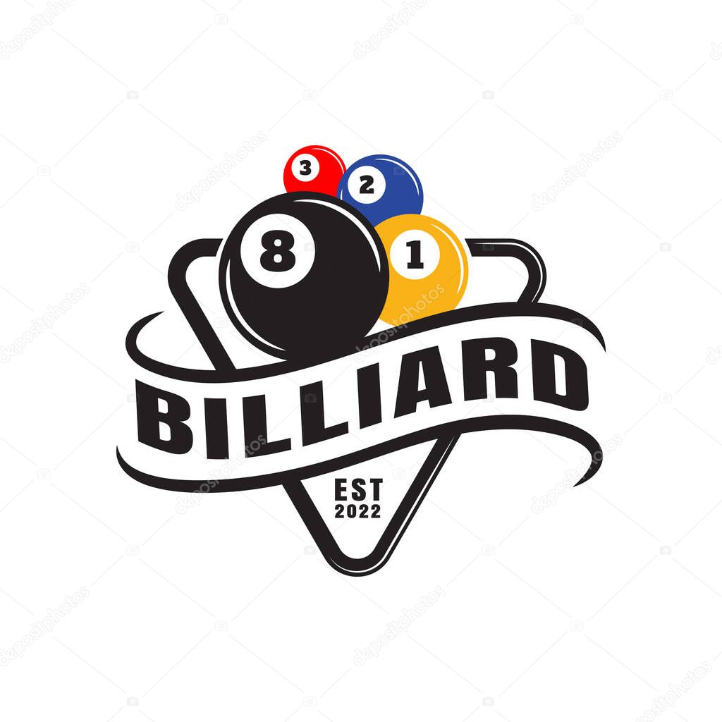 Billiards Championship Sports badge design logo and simple text, billiard room or pool club and team, billiard ball, icon, symbol, template