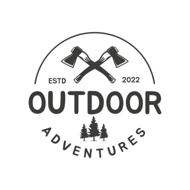 İki balta, klasik yaban hayatı logosu, retro stili açık hava macera amblemi, rozet, tasarım unsuru, logotype şablonu. Vektör illüstrasyonu, sembol, şablon