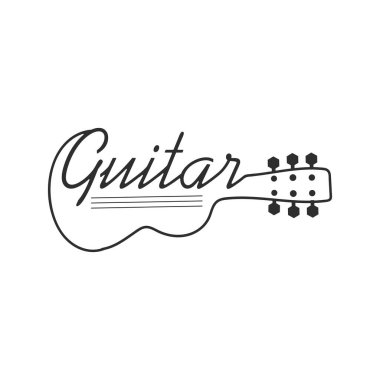 Basit gitar enstrümanı logosu tasarımı ilhamı, Gitar Dükkanı Logosu Vector Illustration Stock. Rock müzik festivali logosu