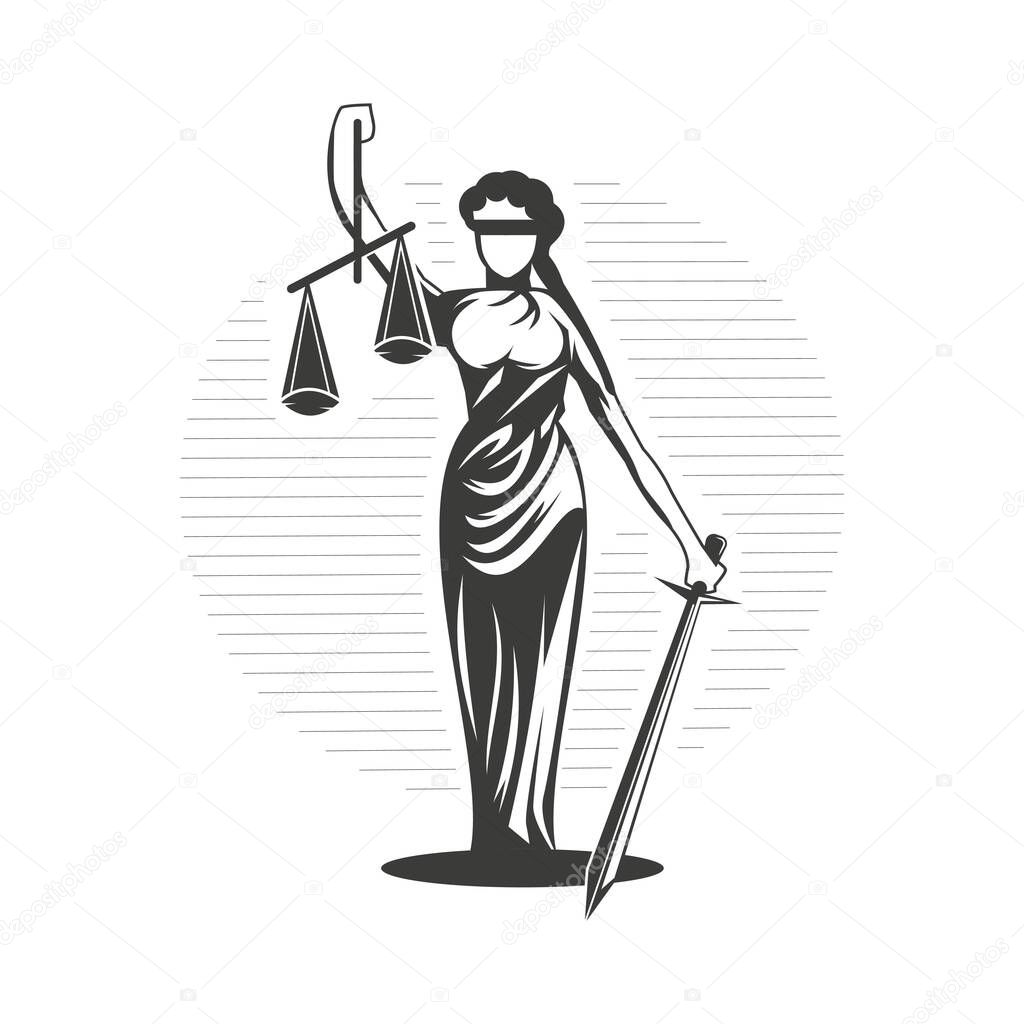 Woman justice illustration Justice symbol design- Woman holding scales and sword.