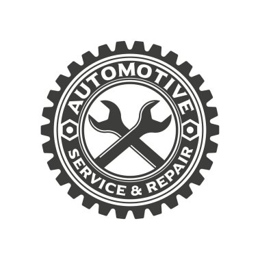 Otomobil servisi logosu, otomotiv endüstrisi ile ilgili iş logosu, servis ve onarım. Vektör logosu otomotiv amblemi, damga