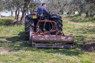 Bir traktörde çimleri biçme makinesiyle biçen bir adam. Kırsalda çalışıyorsun.