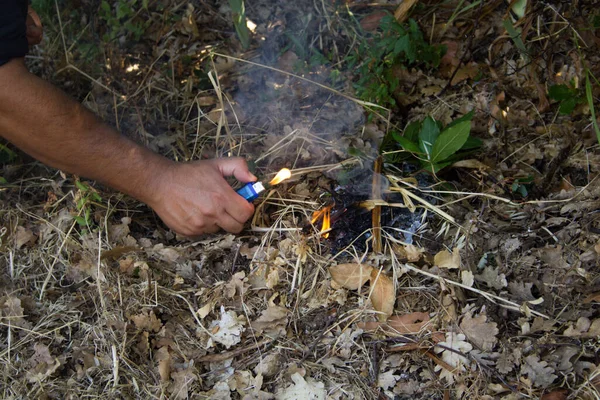 Image Hand Arsonist Who Starts Fire Wood Lighter Reference Problem — Foto Stock