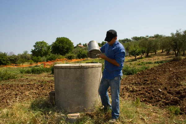 Picture of a desperate farmer with an empty bucket because there is no more water in the well. Reference to climate change and drought in agriculture