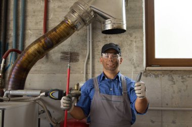 Image of a smiling chimney sweep with soot on his face and thumbs up after cleaning a boiler flue. Do-it-yourself work