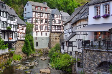 Historical white half-timbered houses in Monschau Old town, Eifel region, Germany