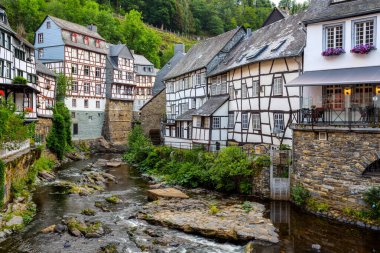 Historical white half-timbered houses in Monschau Old town, Eifel region, Germany