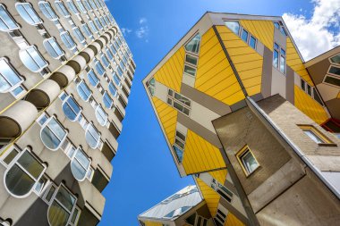 Rotterdam, Netherlands - 20 July 2020: The Cube houses, a world famous example of contemporary architecture, one of the most visited landmarks in Rotterdam, South Holland, Netherlands