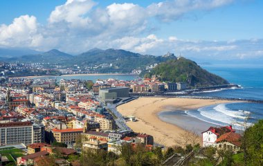 San Sebastian - Donostia city, Basque country, Spain, view of the Zurriola sand beach, Urgull mount, La Concha bay, the Pyrenees mountains and Atlantic ocean coast