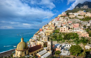 Positano; a colorful town perched on a steep mountain slope on mediterranean Amalfi coast; Sorrento; Italy