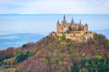 Historical Hohenzollern castle in the Swabian Jura in Black Forest mountains, Germany, is a popular tourist destination near Stuttgart