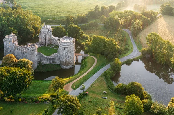 Aerial View Ruins Hunaudaye Castle Cotes Armor Brittany France Sunrise — 图库照片