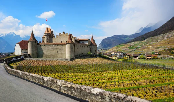 Panoramic View Aigle Castle Vineyards Swiss Alps Mountains Vaud Switzerland — стоковое фото