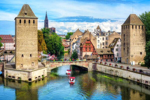 Historical Ponts Couvert bridge and towers in Strasbourg city, Alsace, France