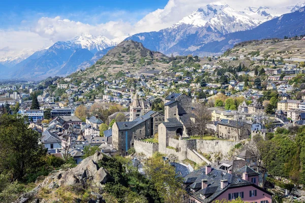 Historical Sion Town Rhone River Valley Alps Mountains Capital City — Stok Foto