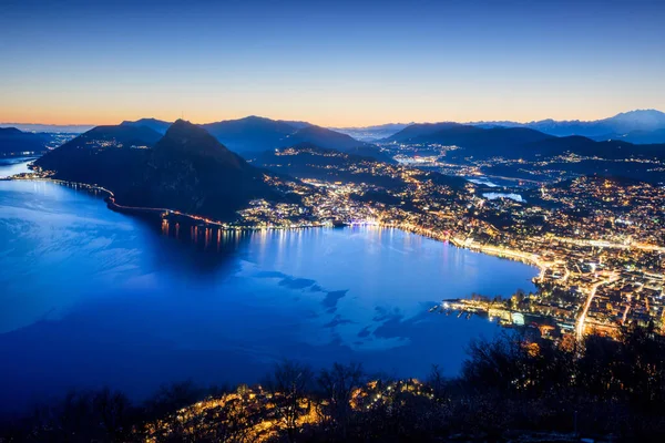 Night View Lugano City Lake Lugano Alps Mountains Switzerland — Foto de Stock