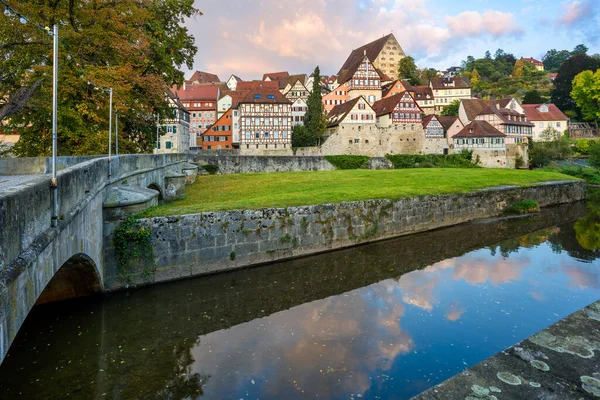 Dramatic Sunset Clouds Reflecting Blue Water Historical Schwabisch Hall Old — стокове фото