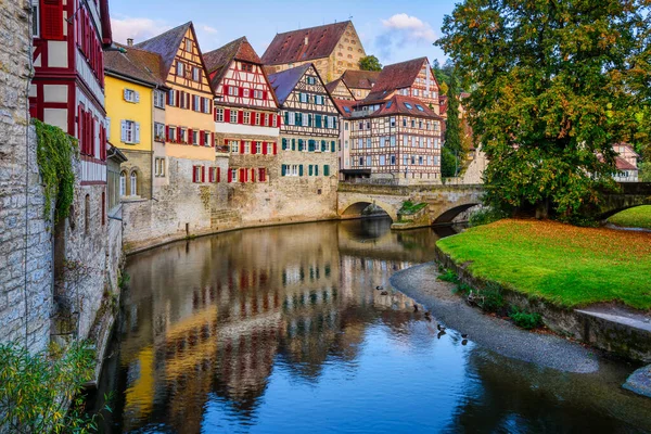Gothic Half Timbered Houses Reflecting River Schwabisch Hall City Old — Stok Foto