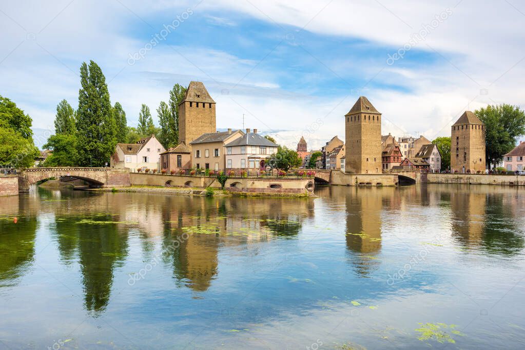 Historical Ponts Couvert bridge and towers in Strasbourg city, Alsace, France