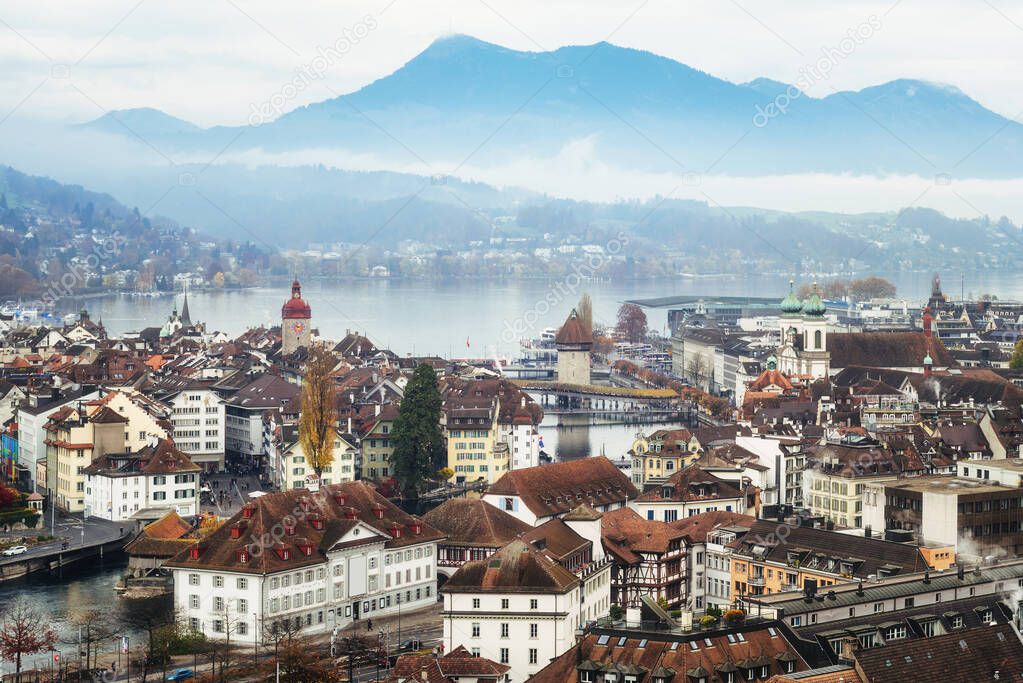 Lucerne Old town and Rigi mountain on Lake Lucerne, swiss Alps mountains, Switzerland