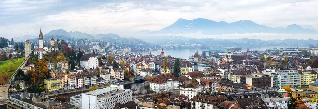 Panoramic view of the Lucerne city, with the Old town, Rigi mountain and Lake Lucerne, swiss Alps mountains, Switzerland